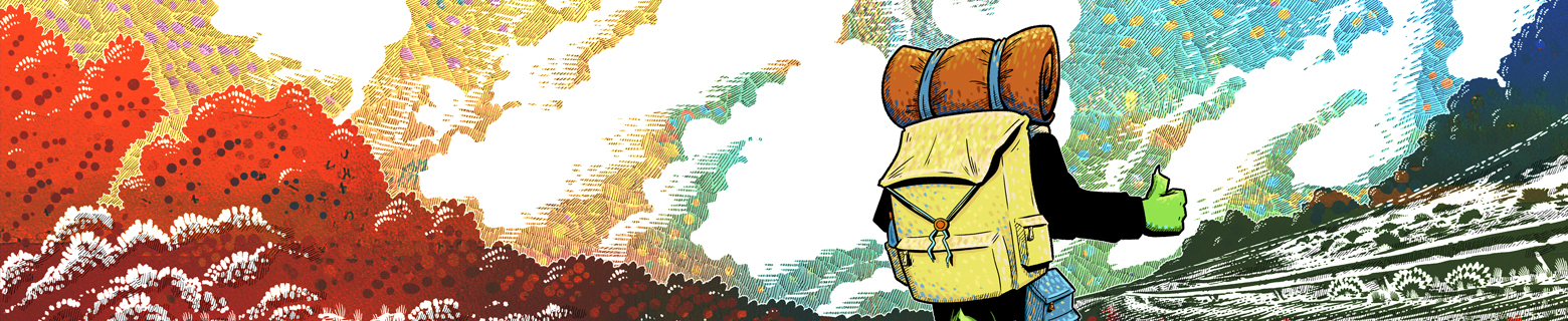 Banner image showing a detail of the cover of Zoonbats Chapter 1, depicting Wayne Molly walking along an empty highway with a backpack, hitchhiking.