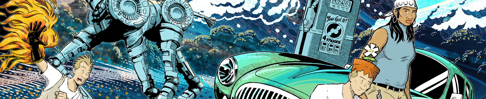 Banner image showing a detail of the cover of Zoonbats Chapter 1, depicting Wayne Molly walking along an empty highway with a backpack, hitchhiking.