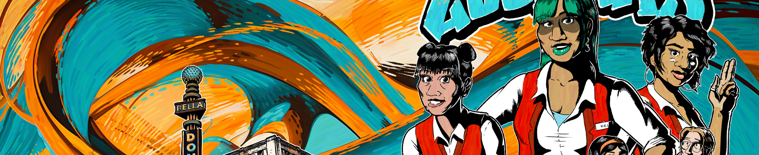 Banner image showing a detail of the cover of Zoonbats Chapter 5, depicting the spire of the Belladonna Theatre and some of its staff members including Caitrin, Kel, and Bloom.