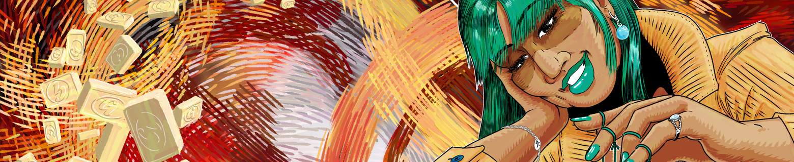 Banner image showing a detail of the cover of Zoonbats Chapter 5, depicting an endless procession of Gudger's Eucaleppermenth Lozenges floating through space an a detail of Kel smiling serenely.